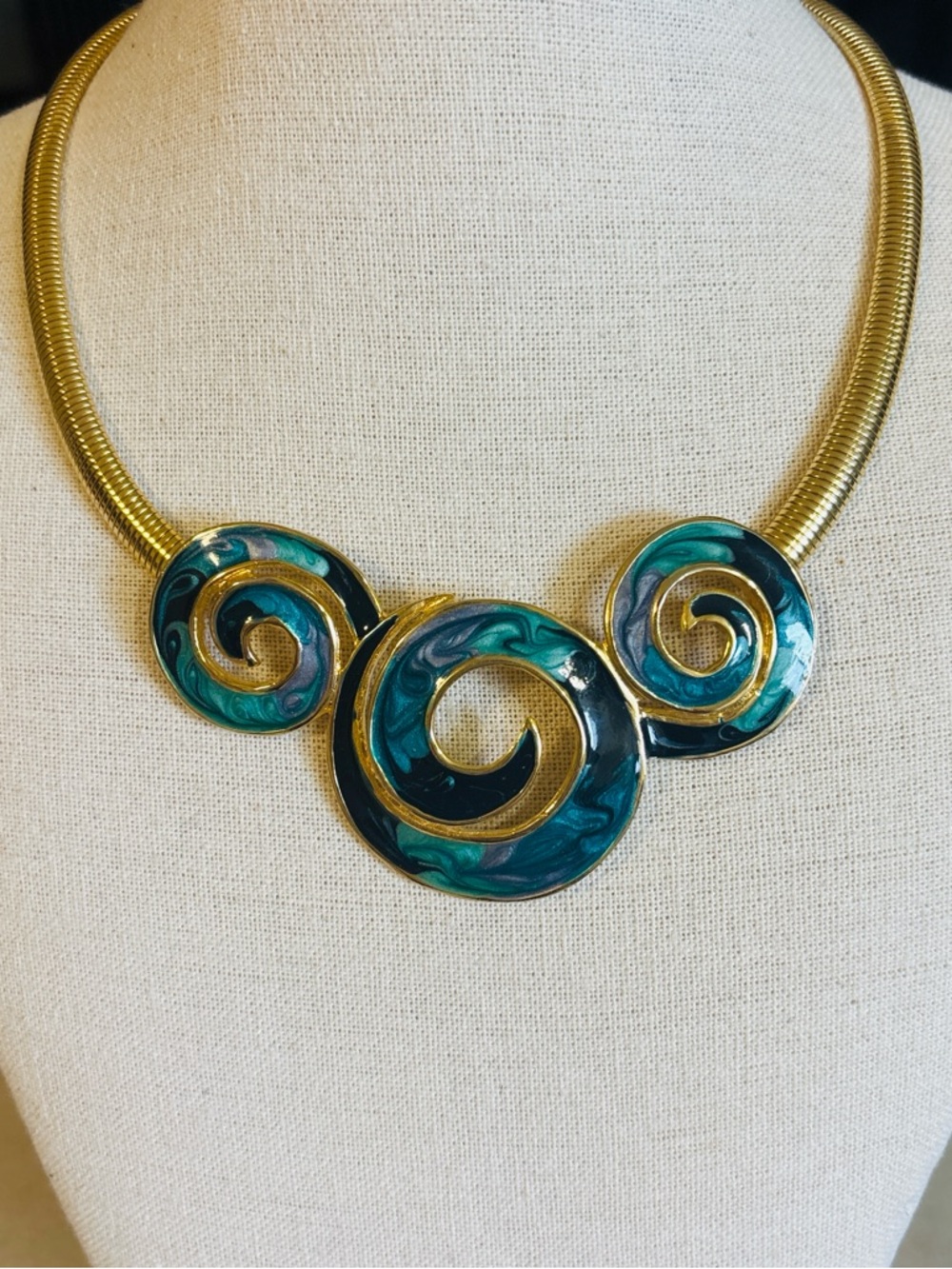 Vintage Gold-Plated Teal Swirl Statement Necklace. Never used. 17” long